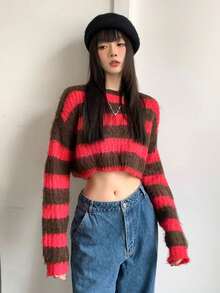 Women's Striped Knit Sweater, Long Sleeve Loose Cropped Top, Autumn/Winter