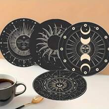 6pcs Black & Gold Sun & Moon Wooden Coasters - Heat Resistant, Suitable For Home, Afternoon Tea & Coffee - Ideal Christmas & Halloween Gift, 6pcs/Set, 1800pcs/300sets - Multicolor - View 5