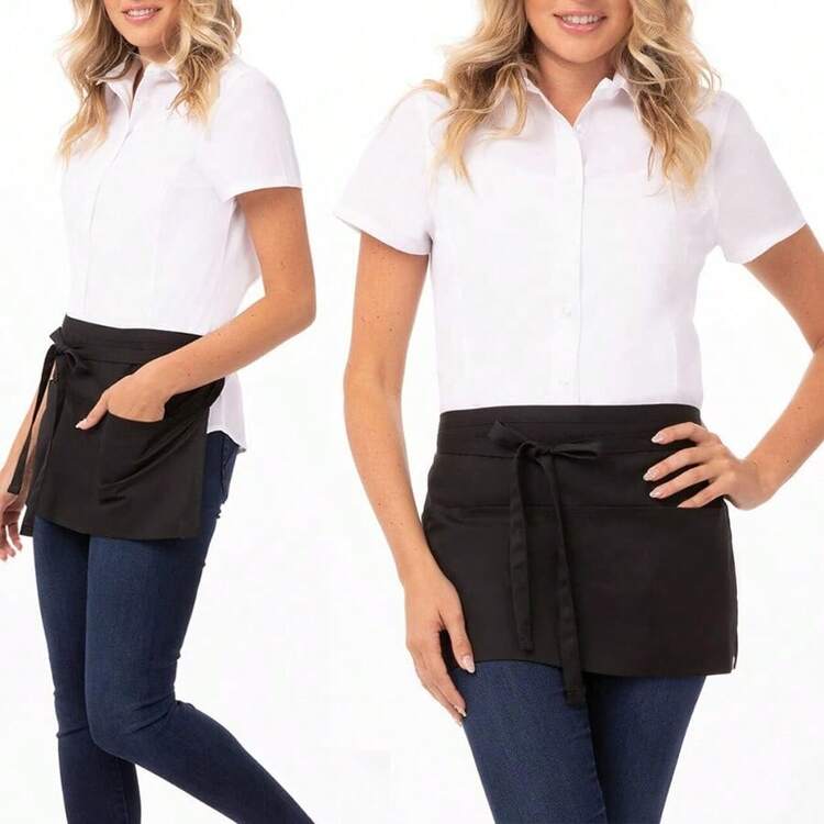 Cotton Linen Aprons With Pockets For Baking Funny Printed Aprons For BBQ Parties Server Aprons With 3 Pockets Black Server Waist Aprons Waitress Half Apron Waterdrop Resistant Waitress Apron Insulated Aprons For Hot Food Handling - 黑色-1包 - 查看 4