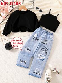 3pcs Girls Kids Fashion Minimalist Spring/Autumn Outfit Set: Black Crew Neck Cropped Long Sleeve Top, Solid Color Camisole, Denim Effect Letter Print Graphic Pants, Casual Comfortable Outdoor/Sports/Vacation Suit - Black - View 1