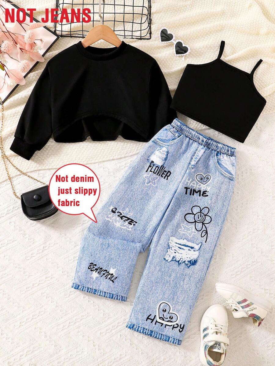 3pcs Girls Kids Fashion Minimalist Spring/Autumn Outfit Set: Black Crew Neck Cropped Long Sleeve Top, Solid Color Camisole, Denim Effect Letter Print Graphic Pants, Casual Comfortable Outdoor/Sports/Vacation Suit - Black - View 1