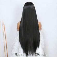 Black Color Long Silky Straight 26inch13X4 HD Transparent Lace Frontal Synthetic Wigs 180%Density Glueless Wig Preplucked With Baby Hair Daily Party Cosplay - 黑色 - 查看 5