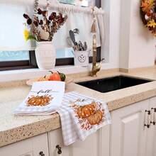 2pcs Thanksgiving Autumn Pumpkin Print Kitchen Towels, Soft And Absorbent, Reusable And Washable, Home Cleaning Essential, Kitchen Accessories, Holiday Gift For Friends - Grey - View 6