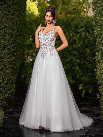 LVNES Elegant Sequin Embroidered Thin Strap Wedding Dress With Long A-Line Sweep Train - White Tulle Bridal Gown For Weddings, Bridal Parties & Evening Events