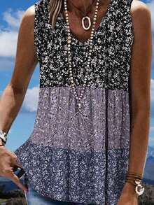 Summer New Color Block Splicing Small Floral Print Fashionable Casual Vacation Style Women's Vest - 藏蓝色 - 查看 2