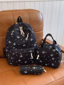 3pcs Nylon Bow Print Backpack Set, Foldable Multi-Pocket Large Capacity Waterproof Zipper Backpack, Suitable For Teenagers, High School Students, College Students, Ladies Daily Commute And Travel, Valentine's Day Gift - Black - View 4