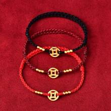 1 Stück modisches rotes Seil Kupfermünze Glücksarmband für Frauen und Männer, größenverstellbar, handgefertigt, Armreif Schmuck