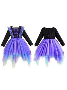 Little Toddler Girl Halloween Dress Bat Print Ruffled Trim Crew Neck Long Sleeve A Line Irregular Hem Mesh Dress - 紫色 - 查看 4
