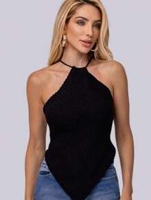 Women's Plain Halter Neck Knit Scarf-Style Crop Top With Tie Back And V-Neck Knitwear - 綠色 - 查看 5