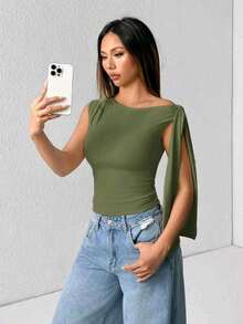 Elegant Suplex T-Shirt Top With Asymmetrical Shoulders And Straps, Ideal For Daily Use, Outings, Nightclubs, Parties, Halloween Costumes - 軍綠色 - 查看 6