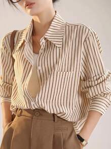 Women's Elegant Striped Fashionable French Style Loose Long Sleeve Button Pocket Casual Shirt