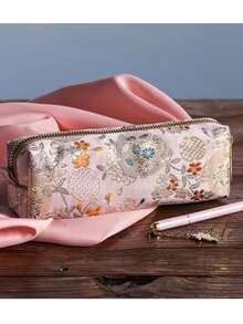 1个大容量铅笔盒，复古提花烫金学生铅笔盒，简约大容量铅笔盒，便携式拉链化妆包，精致学习用品 - 彩色 - 查看 2