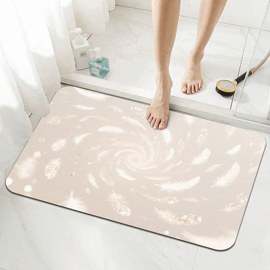 1pc Ethereal Feather Glitter  Pattern Diatom Mud Floor Mat Absorbent Mat Toilet Door Quick Drying Non-Slip Mat Foot Mat Toilet Kitchen Carpet Soft Mat Home Bathroom Decor Bath Rug Outdoor Rug Door Mat Bathroom Accessories - 風格 4 - 查看 1