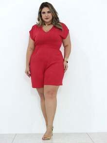 Macaquinho Feminino Plus Size Malha Trabalhada Vicenza Short Liso Elegante - Vermelho - Visão 8