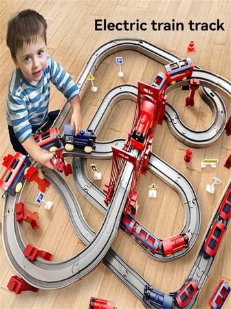儿童益智趣味大型电动火车轨道车，电动高速火车模型带轨道，DIY拼图组装多种轨道形状，场景模拟防撞，男孩圣诞礼物（配件颜色和款式随机）