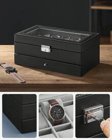 Watch Box, Watch Case With Glass Lid, 2-Tier Watch Display Case For 12 Watches, Lockable, 1 Drawer, For Rings, Bracelets, Gift Idea, Black Coating And Grey Lining - Black + Grey - View 3