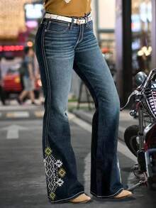 Women's Printed Denim Jeans, Casual And Fashionable Flared Pants, Suitable For Everyday Wear, Holiday Gifts, And Elegant For All Seasons. - 深藍色 - 查看 2