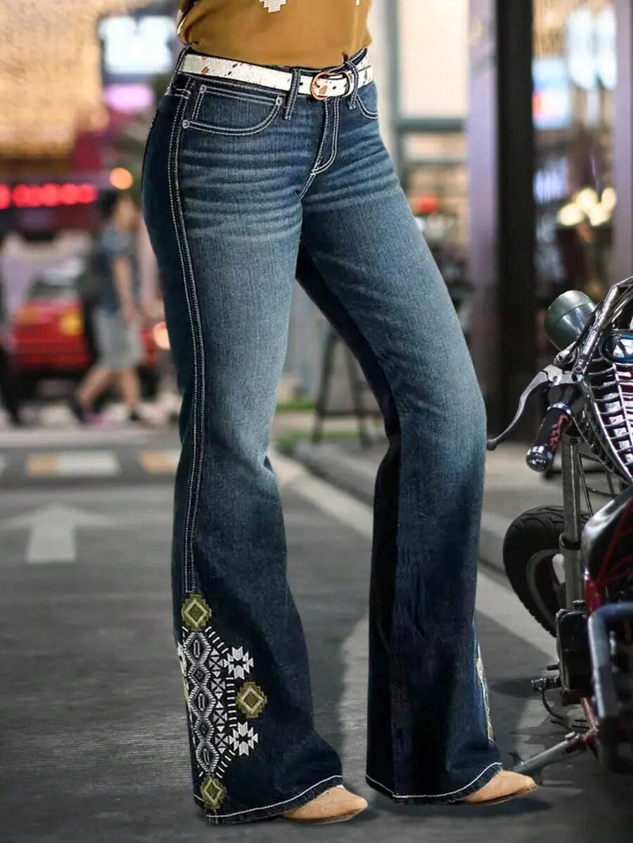 Women's Printed Denim Jeans, Casual And Fashionable Flared Pants, Suitable For Everyday Wear, Holiday Gifts, And Elegant For All Seasons. - Dark Blue - View 1