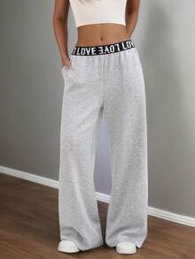 Teen Girl Letter Elastic Waist Loose Straight Leg Sweatpants With Pockets