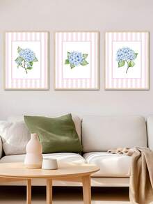 Conjunto de 3 pinturas em aquarela de hortênsias, arte de parede com paisagem costeira, estilo Hampton, decoração de parede com estética costeira, pintura a óleo botânica, fundo listrado, ideal para quarto, sala de estar, escritório, sala de jantar, cozinha, escritório, corredor, dormitório, banheiro, presente ideal para amigos, arte de parede, decoração de parede, decoração de casa, decoração de quarto, arte de parede em tela, pôster, arte de parede emoldurada, opções de moldura disponíveis - Multicolorido - Ver 4
