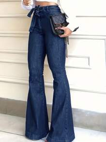 Women's Casual Solid Color Elastic Waist Flare Leg Jeans, Autumn/Winter - Medium Wash - View 3