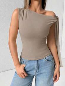 Elegant Suplex T-Shirt Top With Asymmetrical Shoulders And Straps, Ideal For Daily Use, Outings, Nightclubs, Parties, Halloween Costumes - 淺灰色 - 查看 2