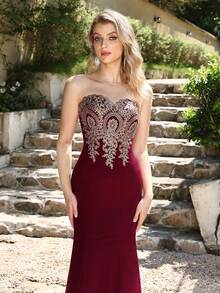 MisShow Women's Lace Applique Long Formal Mermaid Evening Prom Dresses - 酒紅色 - 查看 3