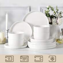 12-Piecee Porcelain Dinnerware Set, Dinner Plate, Dessert Plate And Bowl Set For 4 Person, Plain White - Blanco - Ver 10