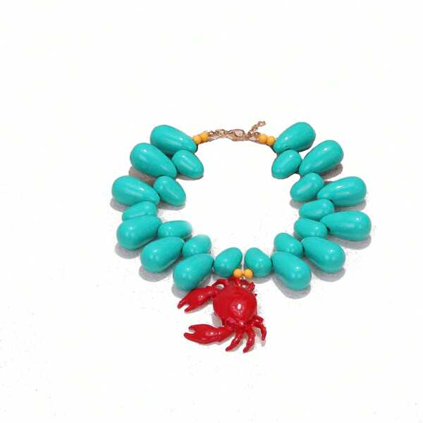 1pc Creative Geometric Resin Beaded Red Crab Pendant Necklace, Unique Ocean Animal Bohemian Style Jewelry