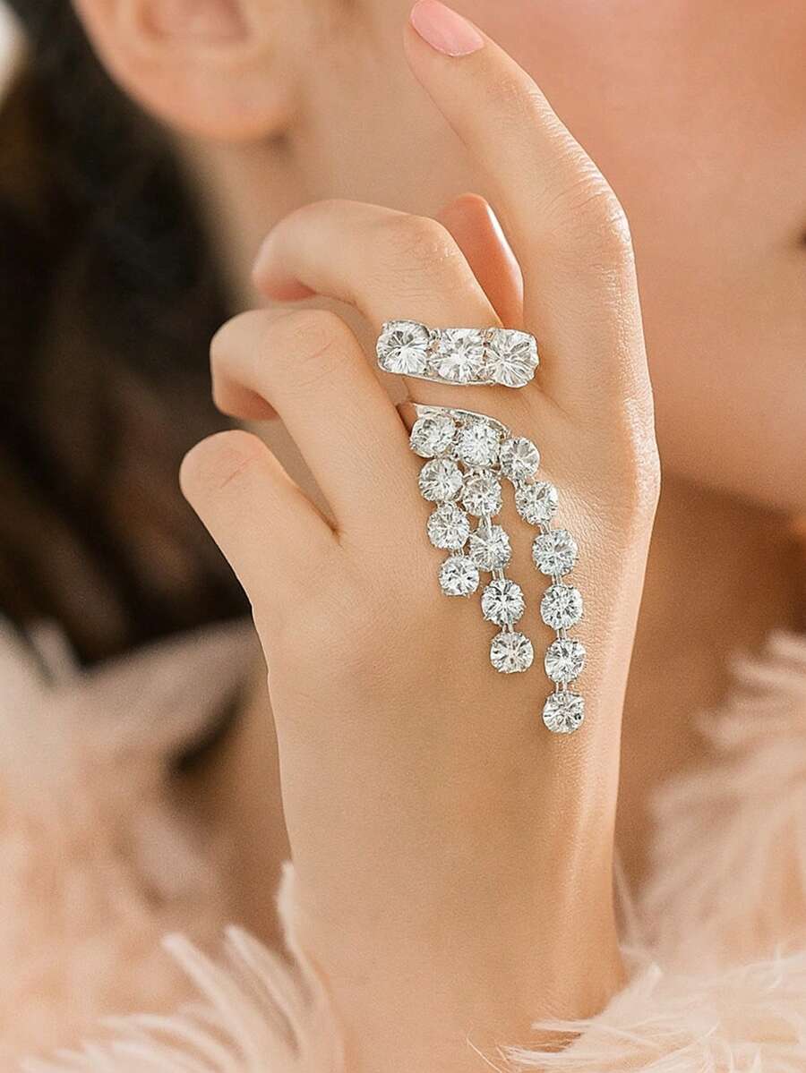 1 件可调节锆石叶形设计戒指,适合女性的多功能派对配饰 - 銀色 - 查看 1
