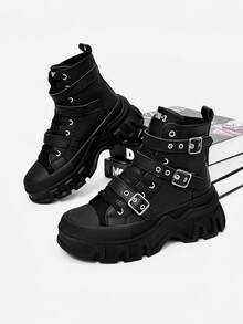 SLnU3 男士时尚厚底摩托车靴，纯色朋克街头学院风休闲工作服风格夜店户外扣式酷炫四季百搭