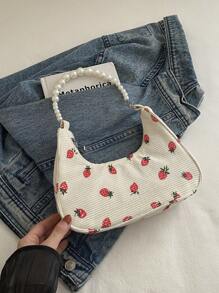 时尚草莓珍珠单肩包、新月形手提包、托特包、沙滩包、休闲草编包、女士手机袋 - 米色 - 查看 8