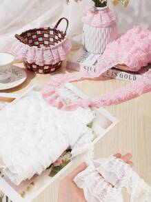 2/5/10Yards Double-Layer Pleated Chiffon Lace Trim 5cm Wide 2-Layer Gathered Ruffle Trim Edging Tulle Trimmings Fabric Ribbon Jacquard Lace For DIY Sewing Crafts Pillowcase Embellishments