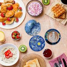 6 件/套梵高艺术风格木制杯垫、饮料杯垫、装饰桌垫，适合家居装饰，非常适合圣诞节和万圣节，独特的乔迁礼物，1 套 6 件，300 套 1800 件 - 彩色 - 查看 3