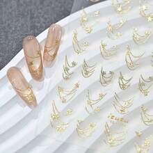 Elegant Golden Star Chain Nail Stickers - Sparkling Aurora French Golden & Silvery Line Star French Chain Nail Decals, Self-Adhesive Semi-Matte Paper Nail Art, Cartoon Theme, Single Use, Glittery Finish, Nail Art Accessories - 金色 - 查看 6