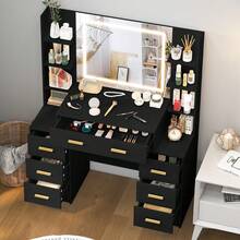 Makeup Dressing Table With Mirror, 7 Drawers & Storage Shelves, 3 Color Modes & Adjustable Brightness LED Mirror, Bedroom Furniture, Great Christmas Or Halloween Gift For Women And Girls ﻿