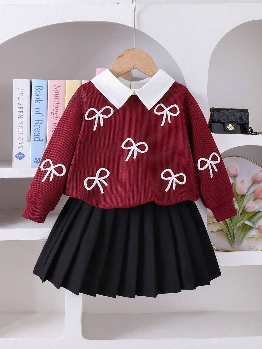 2pcs Young Girls Fashion Bow Embroidered Collar Long Sleeve Top And Pleated Skirt Set, Spring/Autumn
