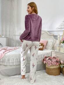 Flannel Patchwork Flamingo Pattern Long Sleeve Top And Pants Warm Fluffy Pajama Set, Fall Winter Clothes, Cozy - Purple - View 4