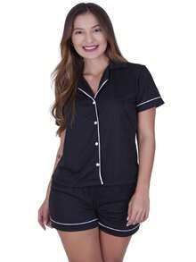 Pijama Mae e Filha Americano Blusa com Gola e Short - Preto e Branco - Visão 3