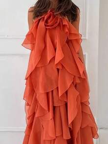 Women Summer Sleeveless Dress 3D Flowers Irregular Ruffles Backless Party Dress For Vacation Cocktail Beach Streetwear - trái cam - Xem 1