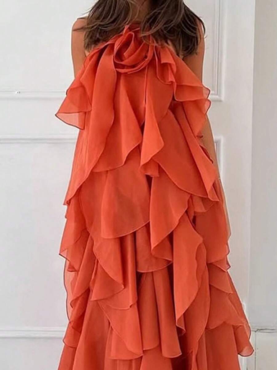 Women Summer Sleeveless Dress 3D Flowers Irregular Ruffles Backless Party Dress For Vacation Cocktail Beach Streetwear - trái cam - Xem 1