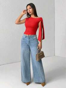 Elegant Suplex T-Shirt Top With Asymmetrical Shoulders And Straps, Ideal For Daily Use, Outings, Nightclubs, Parties, Halloween Costumes - 紅色 - 查看 7