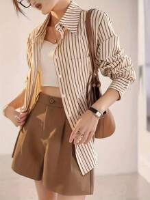 Women's Elegant Striped Fashionable French Style Loose Long Sleeve Button Pocket Casual Shirt