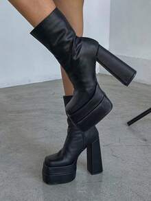 Fashion 2025 Gothic Women Platform Boots Square Toe High Heel Classic Chunky Goth Motorcycle Boots Halloween - 黑色 - 查看 7