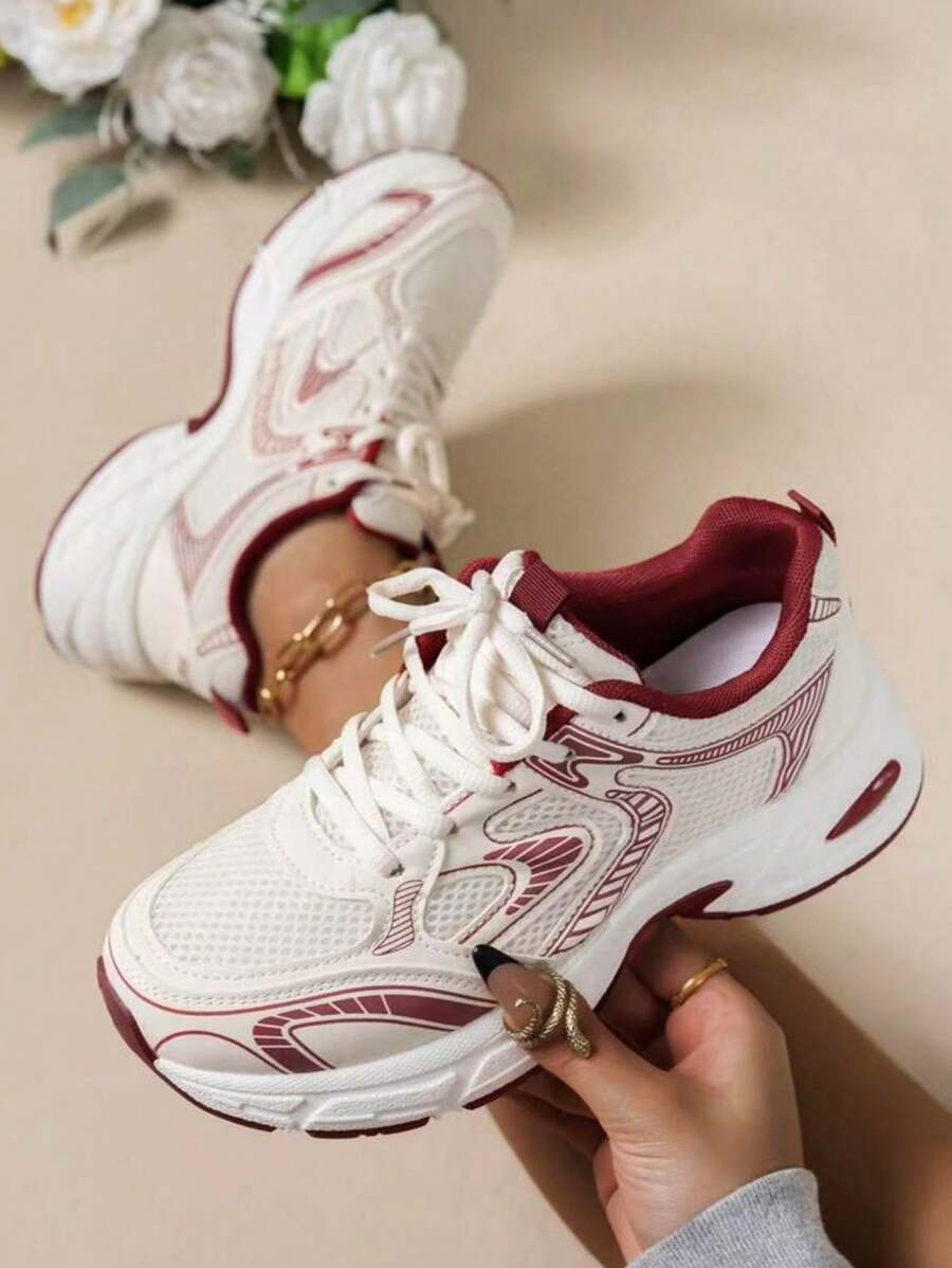 Women's Round Toe Lace-Up Thick Sole Student Casual Comfortable Running Sneakers - Red - View 1