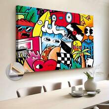 Pânză, 1 bucată de artă murală pe pânză extra mare înrămată în lemn, artă murală colorată în stil graffiti, bucuria tinerilor, decor pentru camera de jocuri, canvas Pop Art, decor pentru casă, gata de agățat