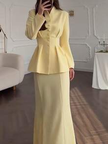 女士优雅纯色单排扣西装外套和裙套装，精致且适合日常穿着 - 淺黃色 - 查看 7