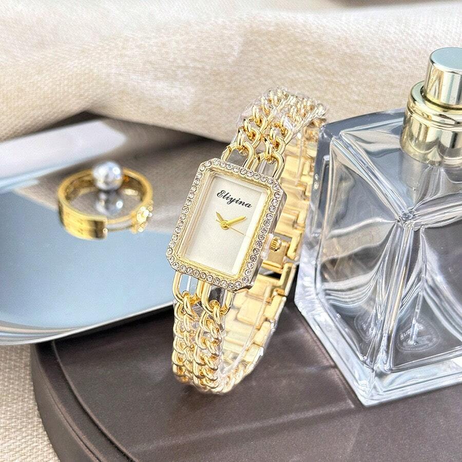 Armbanduhr für Frauen, europäischer und amerikanischer rechteckiger Armband-Stil, Luxus Doppelreihen-Kette, Quarz-Damenuhr