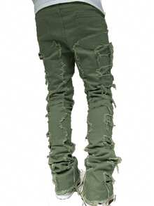 男士时尚休闲街头破洞流苏简约纯色牛仔裤 - 軍綠色 - 查看 2