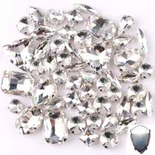 50 件/包，闪光混合形状玻璃水钻，银色金属平底，混合形状手工缝制水钻，用于衣服平底工艺宝石水晶缝制水钻带爪，DIY 配件用于装饰衣服、连衣裙、包、鞋子、胸针、耳环、手工艺品